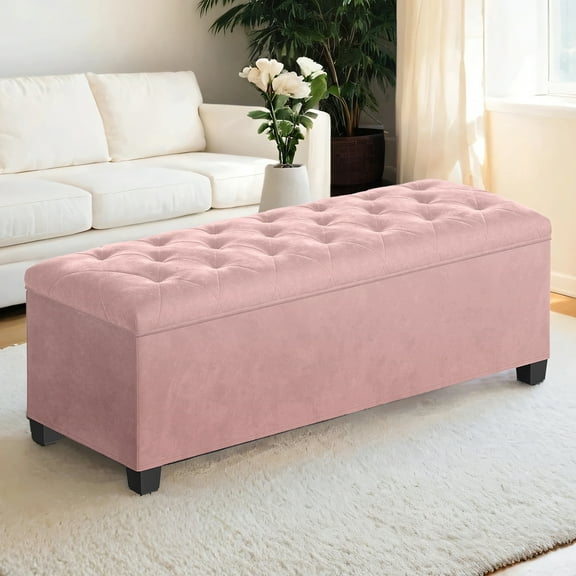 LEDREM 43-Inch Velvet Storage Ottoman Bench with Removable Cover, 660lb Capacity Multi-Functional Footrest for Living Room & Bedroom, Jelly Pink