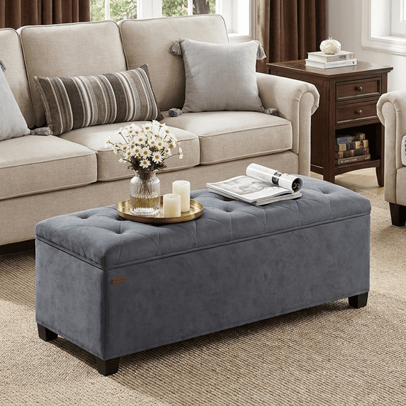 LEDREM 43-Inch Velvet Storage Ottoman Bench with Removable Top, 660LB Capacity Multi-Functional Footrest for Bedroom Living Room, Slate Gray