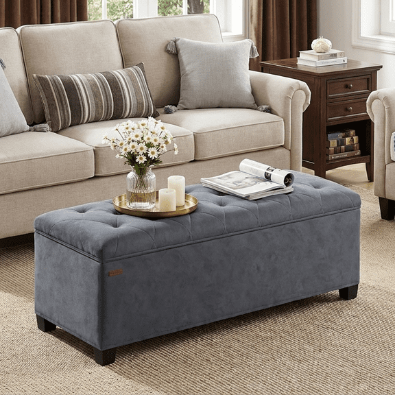 LEDREM 43-Inch Velvet Storage Ottoman Bench with Removable Top, 660LB Capacity Multi-Functional Footrest for Bedroom Living Room, Slate Gray