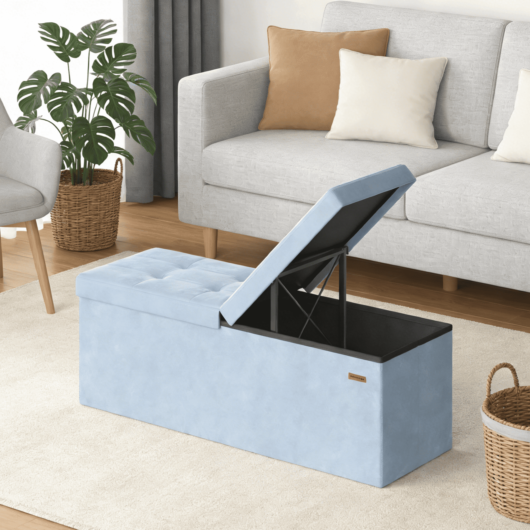 LEDREM 43" Storage Ottoman Bench with Flipping Lid, Foldable MDF Seat with Divider, 660 lb Capacity for Entryway, Living Room, Bedroom, Velvet Footstool, Pale Blue