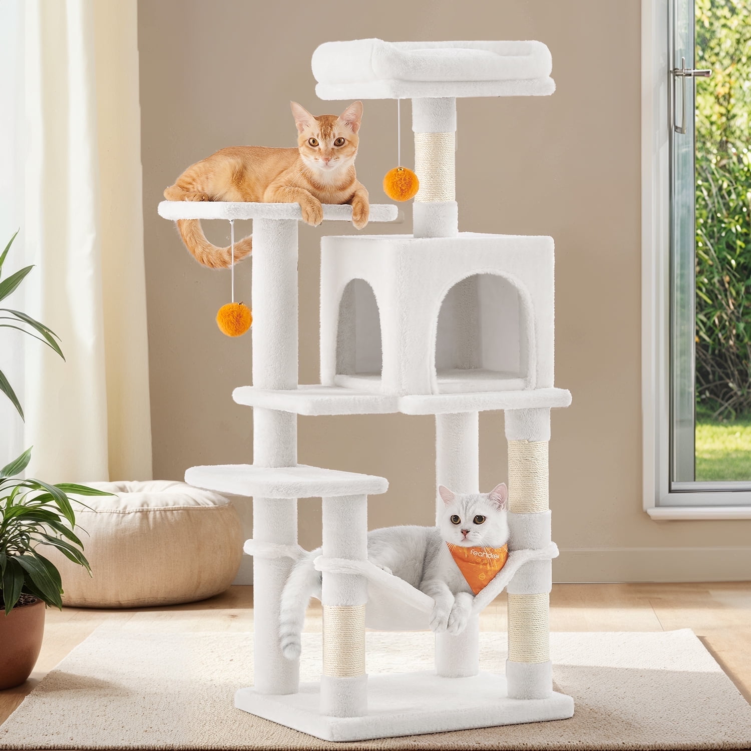 LEDREM 44.1-Inch Multi-Level Cat Tree with 4 Scratching Posts & Hammock - Cat Tower with 2 Perches & Cave for Indoor Cats, Cream White