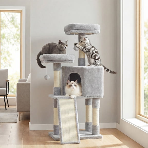 LEDREM 45.3" Cat Tower - Multi-Level Cat Condo with Scratching Ramp, Spacious Cave & 2 Plush Perches, for All Cats, Light Gray
