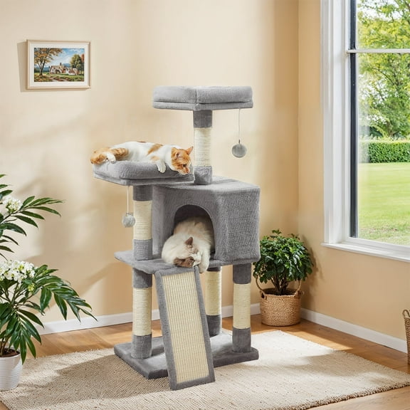 LEDREM 45.3" Cat Tower - Multi-Level Cat Condo with Scratching Ramp, Spacious Cave & 2 Plush Perches, for All Cats, Light Gray