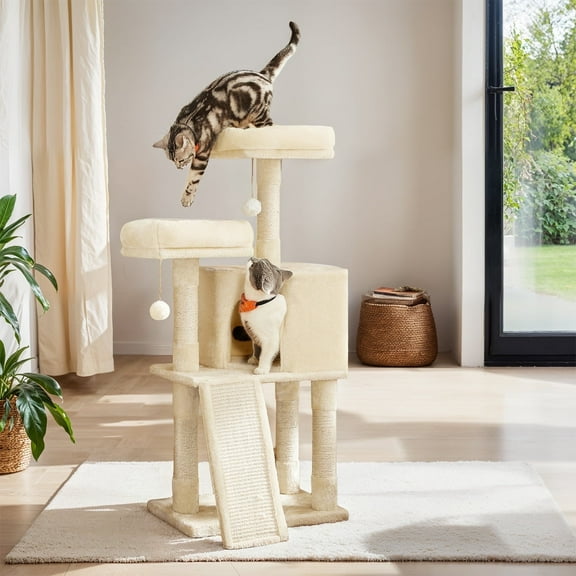 LEDREM 45.3" Cat Tower with Scratching Ramp - Multi-Level Cat Condo with Spacious Cave & 2 Perches, for All Ages, Beige