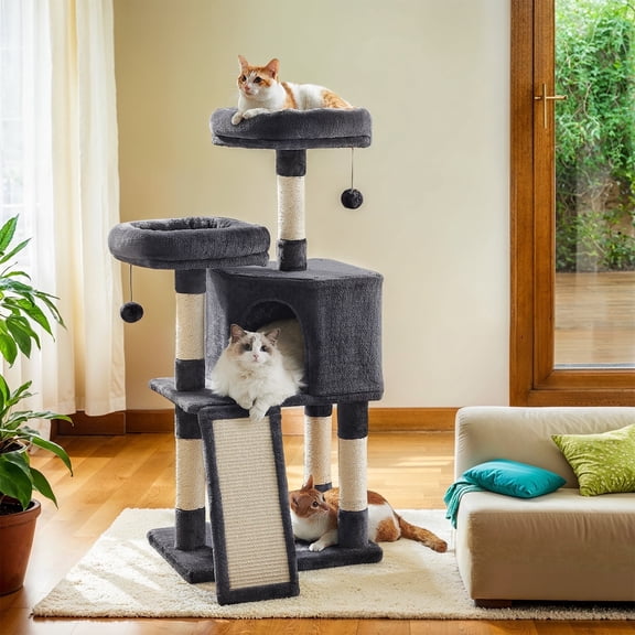 LEDREM 45.3-Inch Cat Tree with Spacious Cave, Scratching Ramp & Plush Perches, Multi-Level Cat Condo for Kittens to Adults, Small Spaces, Smoky Gray