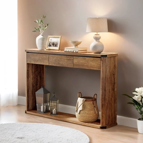 LEDREM 47.2-Inch Farmhouse Console Table, Narrow Sofa Table with 3 Drawers & Bottom Shelf, 110 lb Capacity, Honey Brown