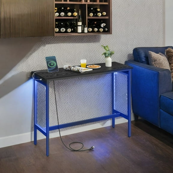LEDREM 47.2'' LED Bar Table with Power Outlets & Mesh Panels, Counter Height Console Desk, Metal Frame for Kitchen/Entryway, 2-Color Lighting, Black
