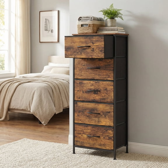 LEDREM 5-Drawer Fabric Dresser with Steel Frame, 66 lb Top Load Storage Organizer for Bedroom Closet, Rustic Brown and Black