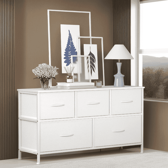 LEDREM 5-Drawer Storage Dresser with Steel Frame, Fabric Drawer Organizer for Bedroom, Closet, and TV Stand Use, Cloud White