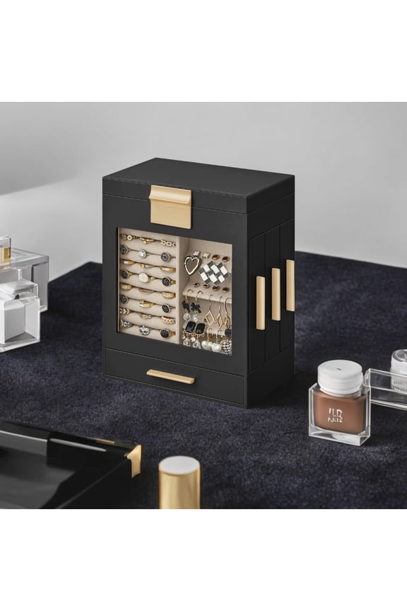 5-Layer Jewelry Organizer with Glass Display & 3 Modular Drawers, Hanging Storage System with Full Mirror, Modern Jewelry Case, Ink Black and Metallic Gold