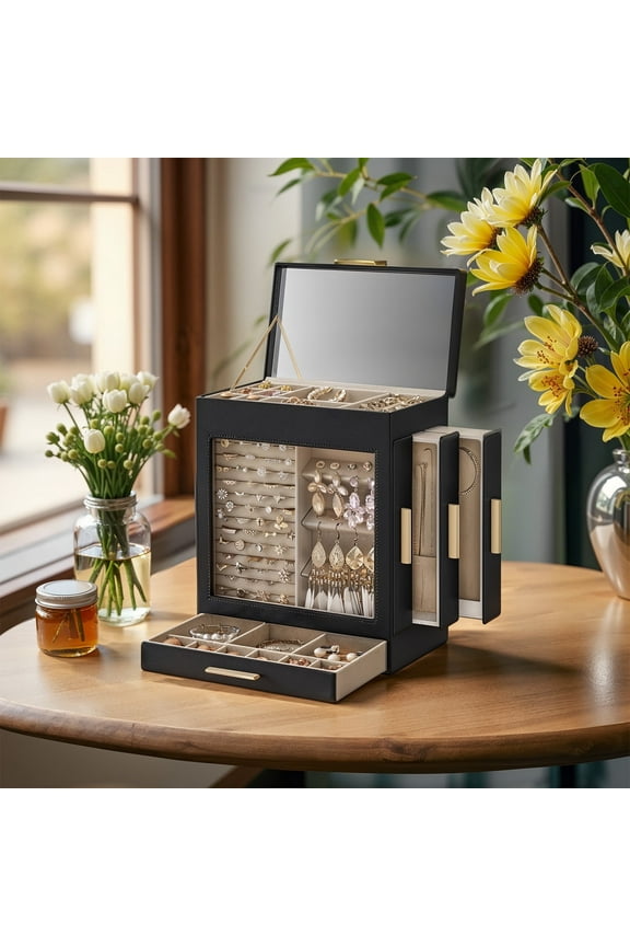 5-Layer Jewelry Organizer with Glass Window & 3 Adjustable Drawers, Hanging/Storage Design with Full Mirror, Modern Jewelry Case, Ink Black and Metallic Gold