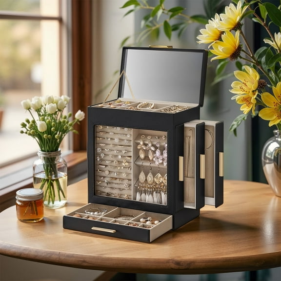 LEDREM 5-Layer Jewelry Organizer with Glass Window & 3 Adjustable Drawers, Hanging/Storage Design with Full Mirror, Modern Jewelry Case, Ink Black and Metallic Gold