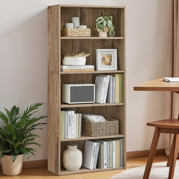 LEDREM 5-Tier Adjustable Bookcase, Open Bookshelf, Storage Shelf Organizer, 22lb Capacity per Shelf, for Home, Office Camel Brown