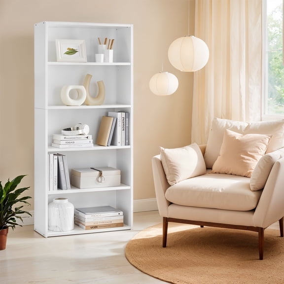 LEDREM 5-Tier Adjustable Bookcase, Open Bookshelf, Storage Shelf Organizer, 22lb Capacity per Shelf, for Home, Office Cloud White