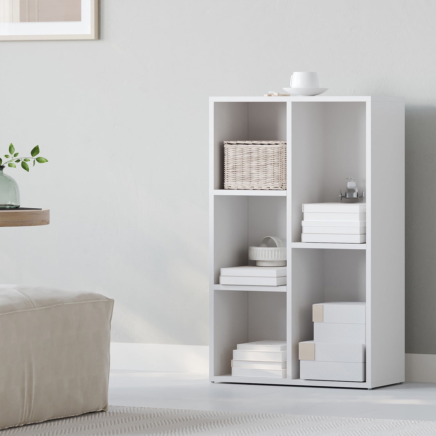 LEDREM 5-Tier Bookcase with Cubes, Space-Saving Shelf Organizer for Living Room, Bedroom, Office, 22lb/Compartment, Freestanding, White