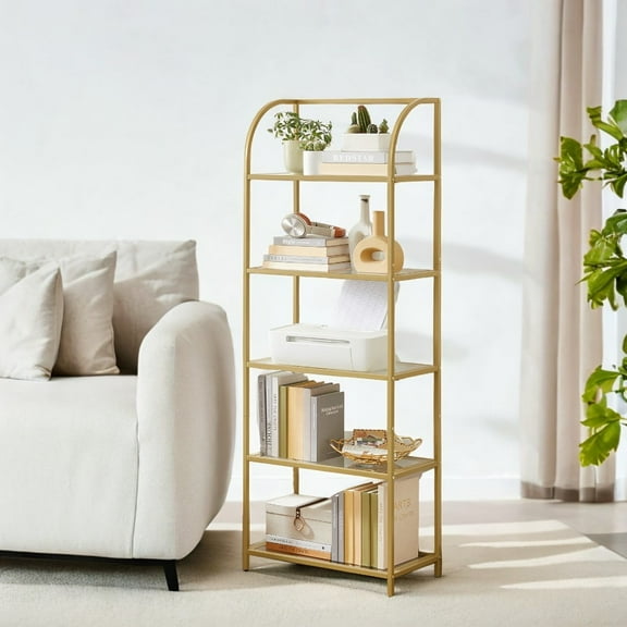 LEDREM 5-Tier Curved Bookshelf - Tempered Glass Shelves & Steel Frame, 22lb Capacity, Minimalist Display Case, Easy Assembly, Pale Gold and Transparent