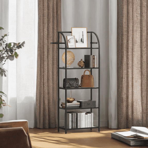 LEDREM 5-Tier Curved Bookshelf - Tempered Glass Shelves & Steel Frame, 22lb Capacity, Modern Display Case, Easy Assembly, Ink Black and Transparent