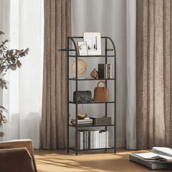 LEDREM 5-Tier Curved Bookshelf - Tempered Glass Shelves & Steel Frame, 22lb Capacity, Modern Display Case, Easy Assembly, Ink Black and Transparent