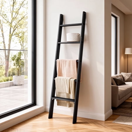 LEDREM 5-Tier Decorative Blanket Ladder and Ladder Shelf, Rustic Farmhouse Leaning Rack for Blankets, Towels, or Home Decor, Ebony Black