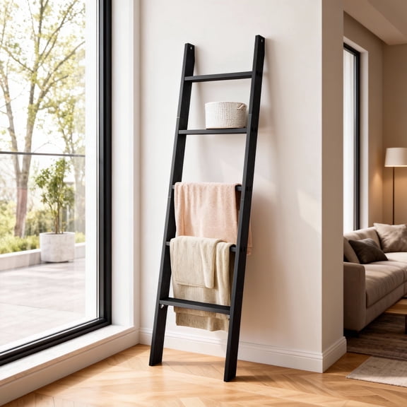 LEDREM 5-Tier Decorative Blanket Ladder and Ladder Shelf, Rustic Farmhouse Leaning Rack for Blankets, Towels, or Home Decor, Ebony Black