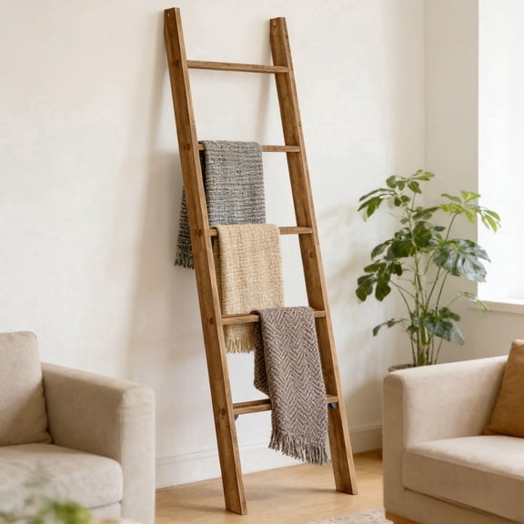 LEDREM 5-Tier Decorative Blanket Ladder and Ladder Shelf, Rustic Farmhouse Leaning Rack for Blankets, Towels, or Home Decor, Honey Brown