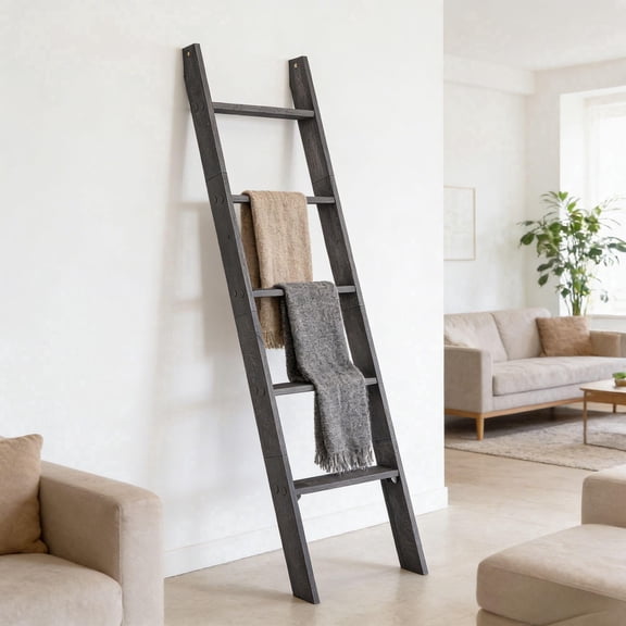 LEDREM 5-Tier Decorative Blanket Ladder and Ladder Shelf, Rustic Farmhouse Leaning Rack for Blankets, Towels, or Home Decor, Misty Gray