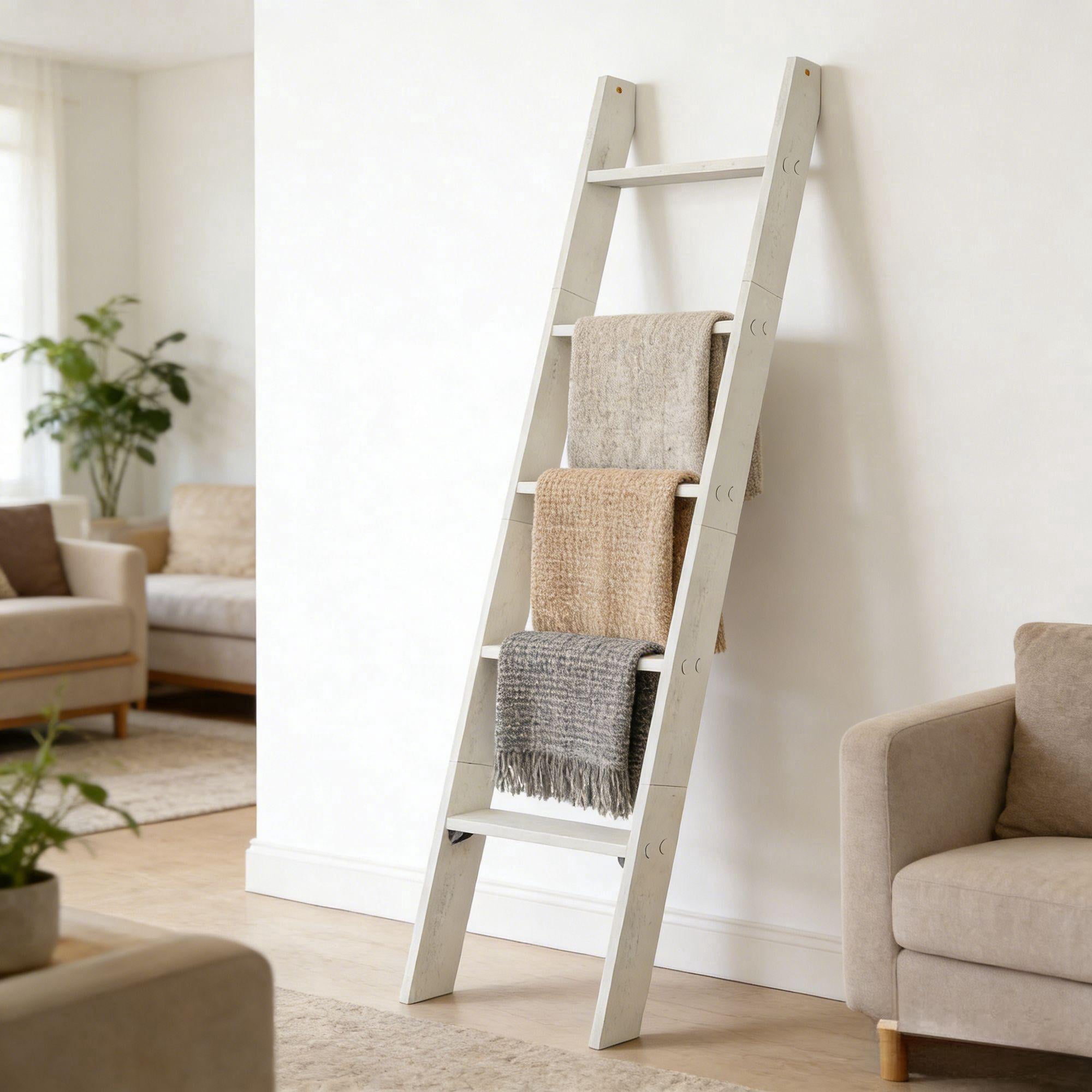 LEDREM 5-Tier Decorative Blanket Ladder and Ladder Shelf, Rustic Farmhouse Leaning Rack for Blankets, Towels, or Home Decor, Rustic White