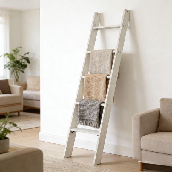 LEDREM 5-Tier Decorative Blanket Ladder and Ladder Shelf, Rustic Farmhouse Leaning Rack for Blankets, Towels, or Home Decor, Rustic White
