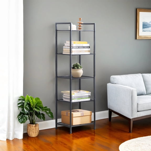 LEDREM 5-Tier Extendable Metal Storage Rack, Adjustable Shelves with 22 lb Capacity per Tier, All-Room Organizer, Black
