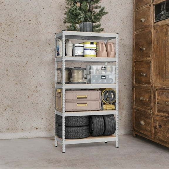 5-Tier Heavy Duty Storage Shelves, 2310 lb Capacity, Boltless Adjustable Shelving Unit, 17.7"x35.4"x70.9", for Garage Basement Study, Divisible into 2 Units, Silver,Beige