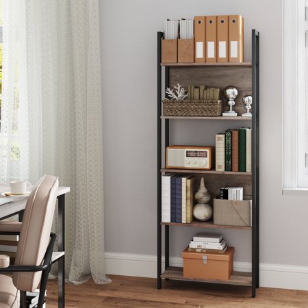 LEDREM 5-Tier Industrial Bookshelf - Steel Frame, 44lb Capacity, Anti-Tip Kit, Multi-Purpose Storage for Home or Office, Easy Assembly, Greige and Black