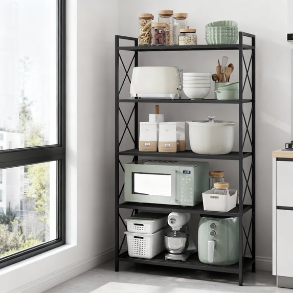 LEDREM 5-Tier Metal Storage Rack with X-Frame Sides, Heavy-Duty Wire Shelving Unit, Deep Organizer for Entryway Kitchen Bathroom Living Room, Industrial Ink Black