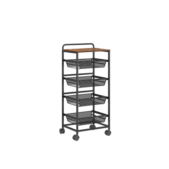 LEDREM 5-Tier Rolling Kitchen Cart with Pull-Out Baskets, Utility Storage Cart with Wheels & Handle, for Snacks, 37.4 x 15.8 x 12.5 Inches, Rustic Brown and Ink Black