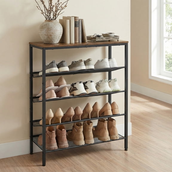 LEDREM 5-Tier Shoe Storage Shelf, Adjustable Freestanding Organizer Rack, for Entryway, Traditional basic, Tan and Black