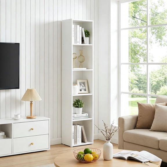 LEDREM 5-Tier Bookshelf with Adjustable Open Shelves, Tall Bookcase Space-Saving for Living Room Home Office, Cloud White