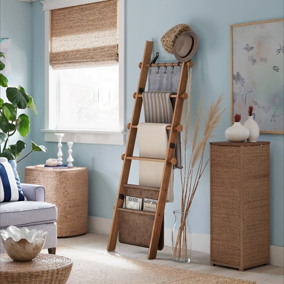 LEDREM 5-Tier Wooden Blanket Ladder with Hooks and Leather Strap Accents, Decorative Farmhouse Quilt Rack for Living Room Bedroom, Caramel Brown
