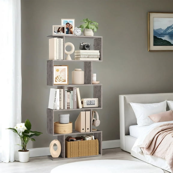 LEDREM 5-Tier Wooden Bookcase - Display Shelf & Room Divider, 33lb Capacity, Anti-Tip Kit, Easy Assembly, Freestanding Storage, Greige