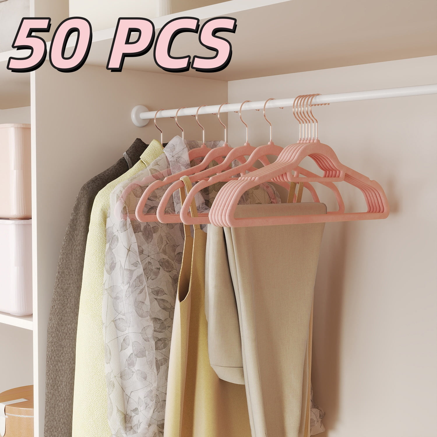 LEDREM 50-Pack Velvet Hangers, Non-Slip Clothes Hangers with 360 Swivel Hooks, Slim & Sturdy for Coat, Dress, Space-Saving, Coral Pink