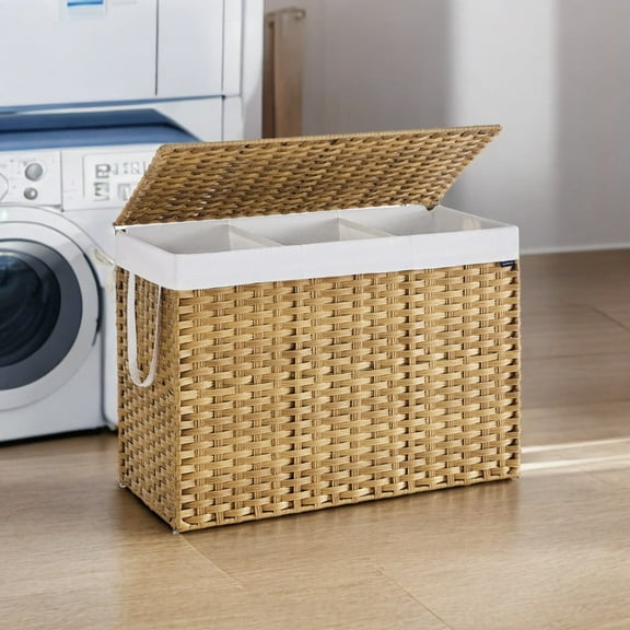 LEDREM 52.8-Gallon Foldable Laundry Hamper with Lid, Removable Liner, Rattan Design, Space-Saving, Goose Yellow