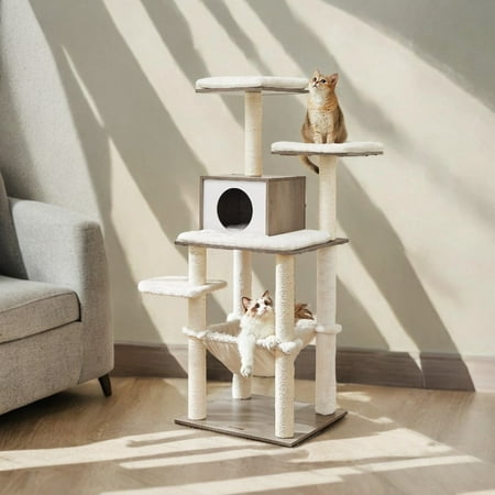 LEDREM 54.3" Modern Cat Tree - Multi-Level Condo with Ultra-Soft Plush, Scratching Posts & Washable Cushions, Heather Greige