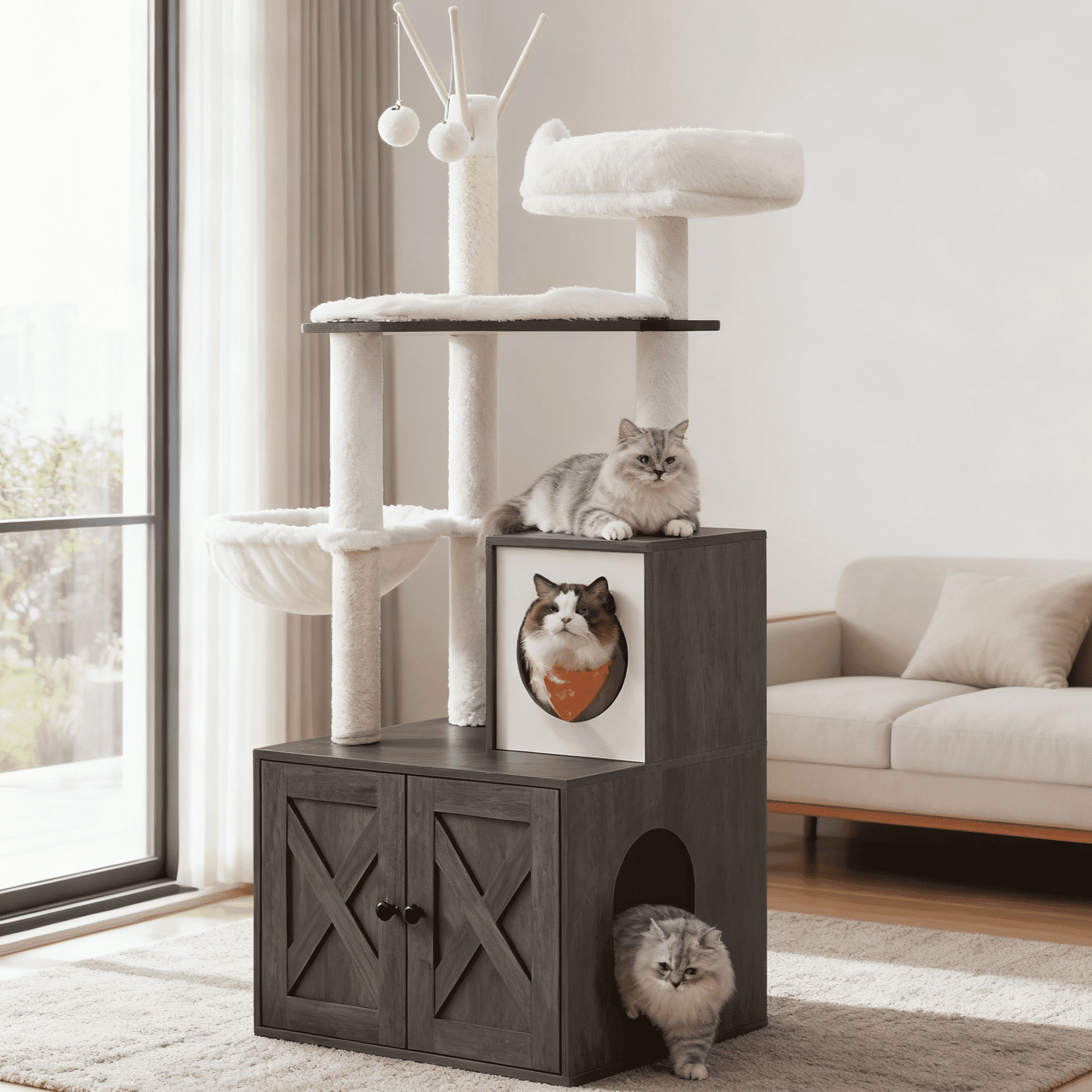 LEDREM 55.1" 2-in-1 Cat Tree & Litter Box Enclosure, Modern Cat Tower with Scratching Posts, Removable Toys, Space-Saving Design, Misty Gray