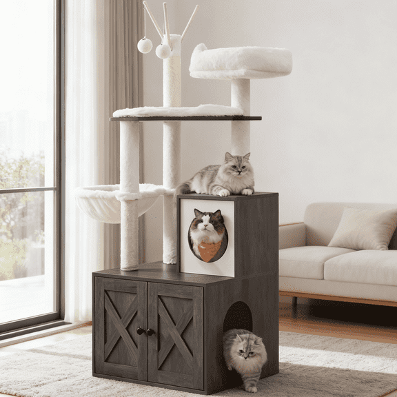 LEDREM 55.1" 2-in-1 Cat Tree & Litter Box Enclosure, Modern Cat Tower with Scratching Posts, Removable Toys, Space-Saving Design, Misty Gray