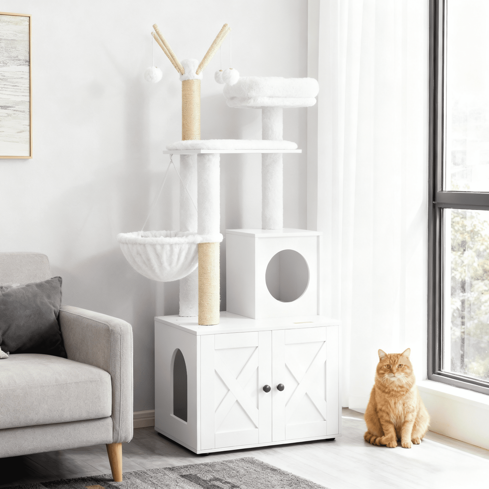 LEDREM 55.1" 2-in-1 Modern Cat Tree & Litter Box Enclosure, Multi-Level Cat Condo with Scratching Posts, Hidden Storage, Cloud White