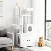 LEDREM 55.1" 2-in-1 Modern Cat Tree & Litter Box Enclosure, Multi-Level Cat Condo with Scratching Posts, Hidden Storage, Cloud White