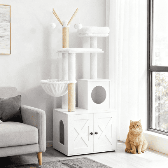 LEDREM 55.1" 2-in-1 Modern Cat Tree & Litter Box Enclosure, Multi-Level Cat Condo with Scratching Posts, Hidden Storage, Cloud White
