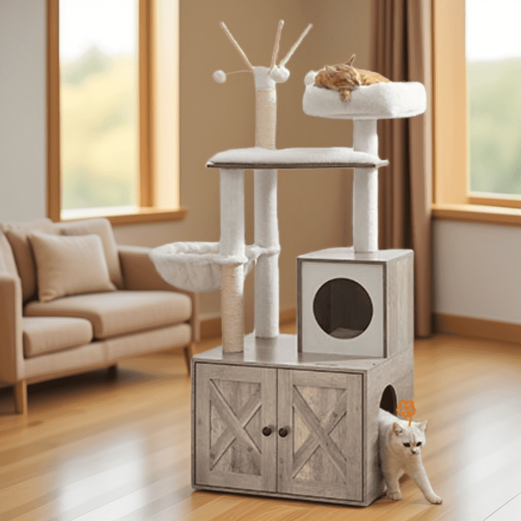LEDREM 59-Inch 2-in-1 Cat Tree, Litter Box Enclosure, Modern Cat Tower with Scratching Posts, Removable Pompoms, Space-Saving Design, Greige