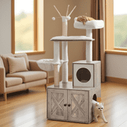 LEDREM 59-Inch 2-in-1 Cat Tree, Litter Box Enclosure, Modern Cat Tower with Scratching Posts, Removable Pompoms, Space-Saving Design, Greige