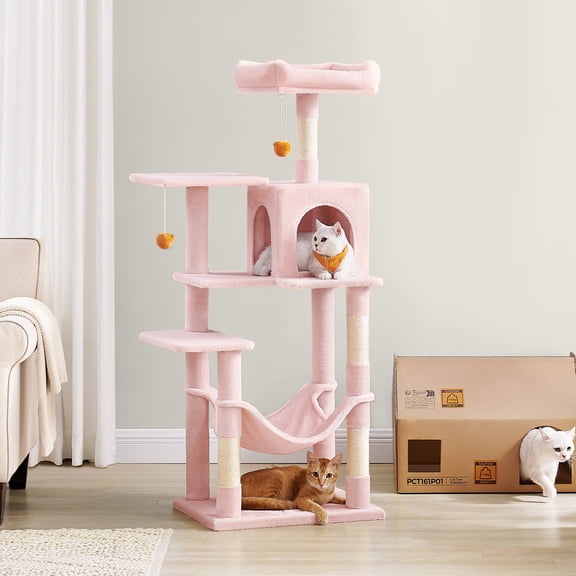 LEDREM 56.3" Cat Tree for Multiple Cats - Multi-Level Condo with 4 Scratching Posts, 2 Perches & Hammock, Easy Assembly, Jelly Pink