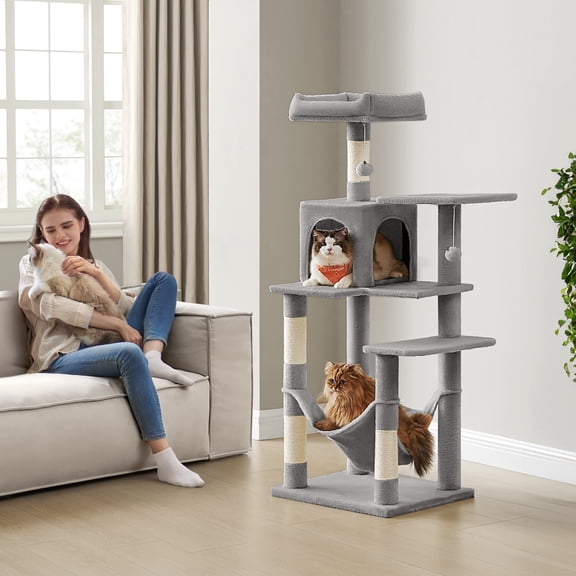 LEDREM 56.3" Multi-Cat Tree Tower - 4 Scratching Posts, 2 Plush Perches & Hammock, Easy Assembly, Light Gray