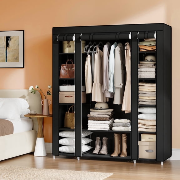 LEDREM 59-Inch Portable Closet , 12-Compartment Wardrobe with Zippered Cover & Hanging Rail , No-Tool Assembly Storage Organizer , Black
